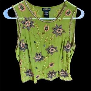 Vintage 100% Silk ‘Shine New York’ Green Beaded Sequin Top